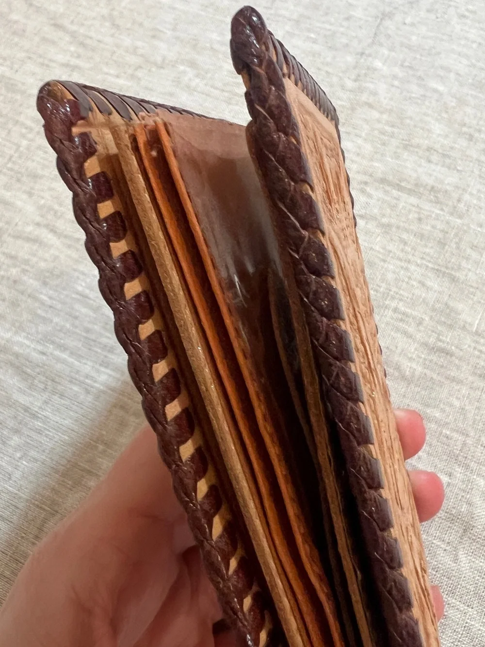 Hand-Tooled Leather Bifold Wallet - Tan with Dark Brown Trim